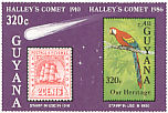 Scarlet Macaw Ara macao  1986 Halleys comet, stamp on stamp 