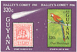 Scarlet Macaw Ara macao  1986 Halleys comet, stamp on stamp 